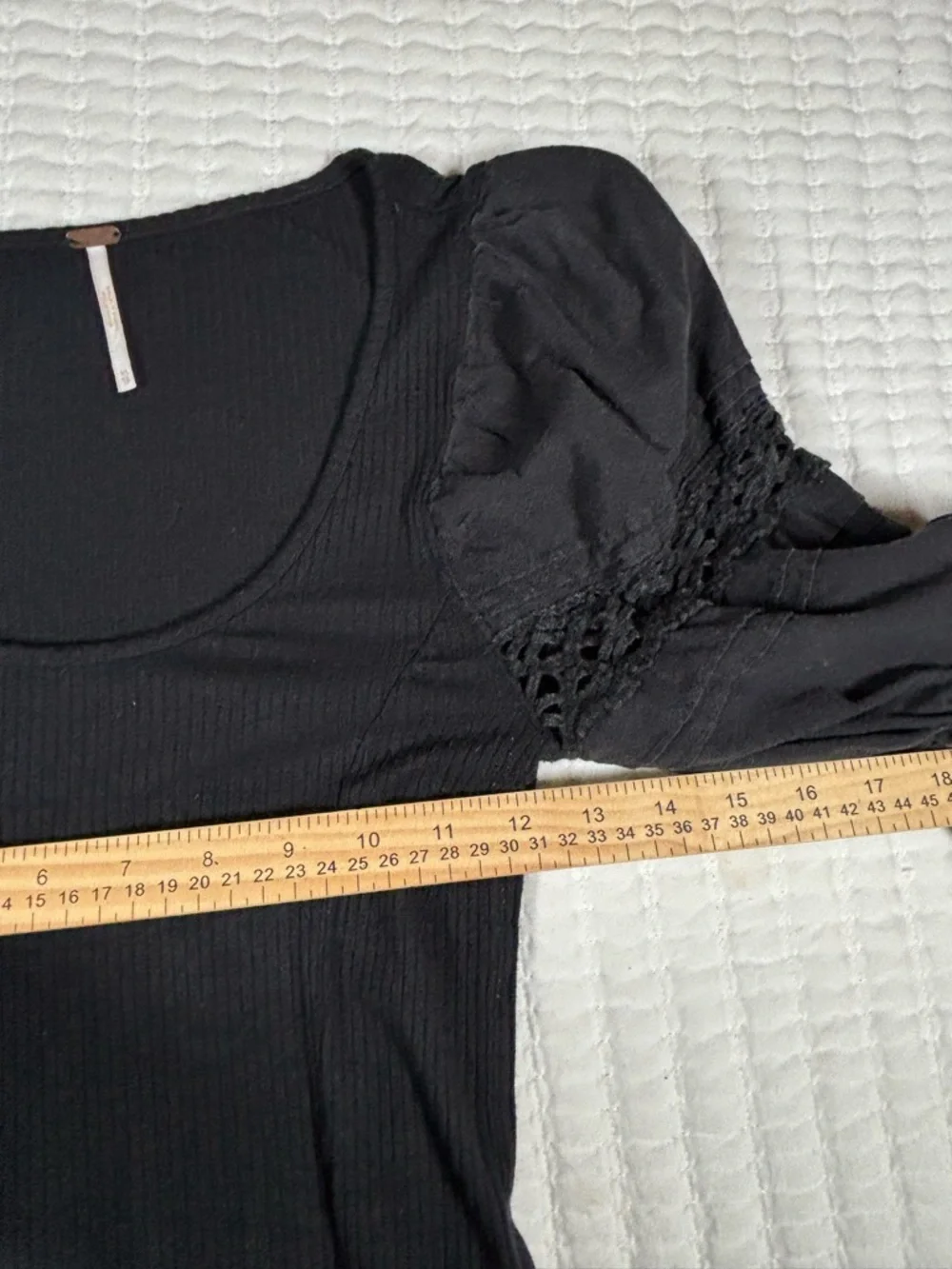 Free People Black Ribbed Puff Sleeve Crochet Detail Top XS Boho‎ Cottagecore